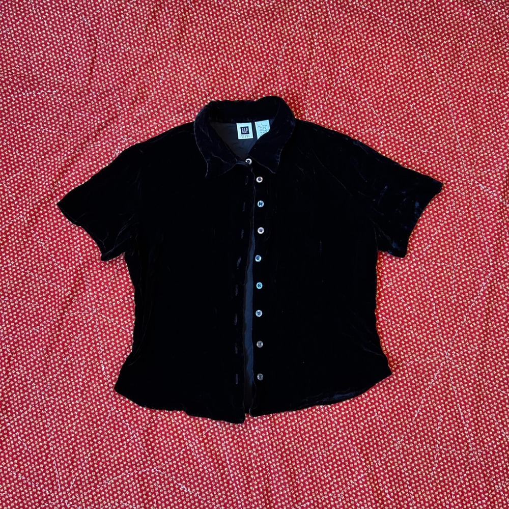 Vintage 90s Gap Black Silk Rayon Velvet Short Sleeve Button Down Shirt Large